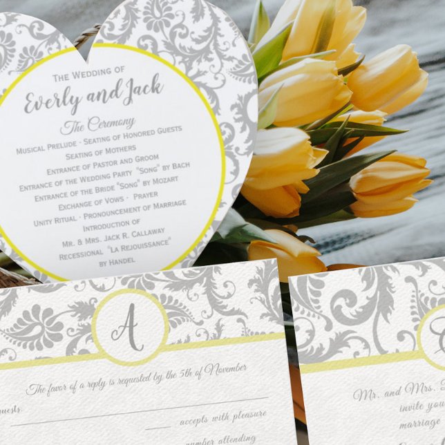 Bright Canary Yellow & Gray Damask Wedding Program Hand Fan (Creator Uploaded)