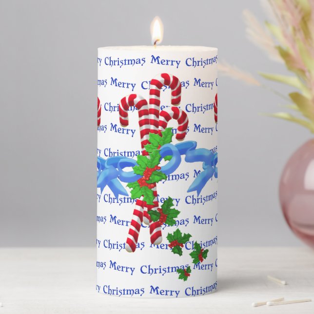 Bright Candy Canes Merry Christmas Pillar Candle (In Situ)