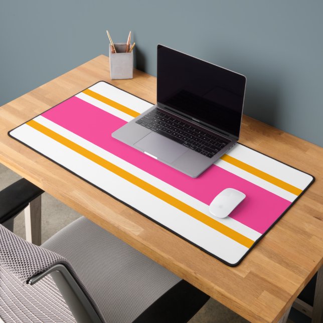 Bright Candy Pink Orange Racing Stripes On White Desk Mat (Office 2)