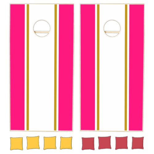 Bright Candy Pink White Cabana Racing Stripes Cornhole Set