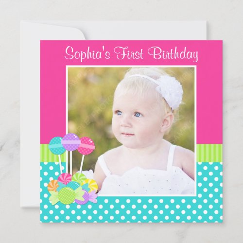 Bright Candy Polka Dot Girl 1st Birthday Photo Personalized Invitation