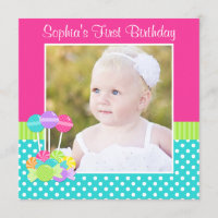 Bright Candy Polka Dot Girl 1st Birthday Photo Invitation