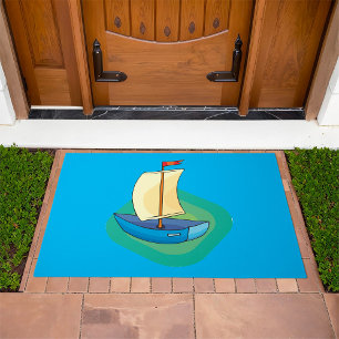 Bright Cartoon Boat with Sail Fun Nautical Doormat