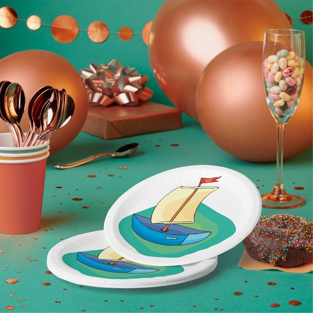 Bright Cartoon Boat with Sail Fun Nautical Paper Plates (Creator Uploaded)