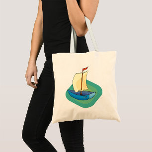 Bright Cartoon Boat with Sail Fun Nautical Tote Bag