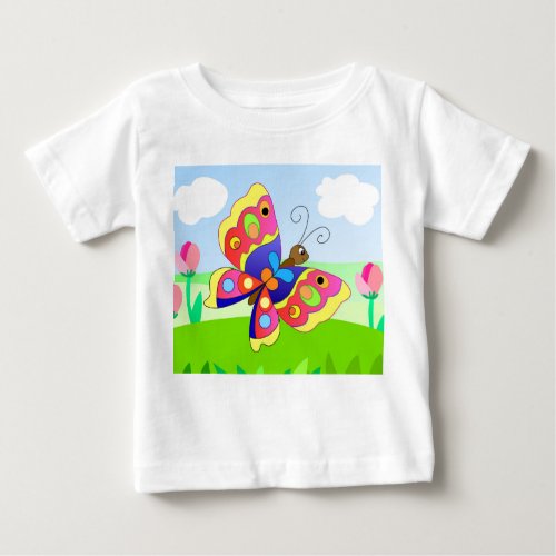 bright cartoon butterfly on a field among flowers baby T_Shirt