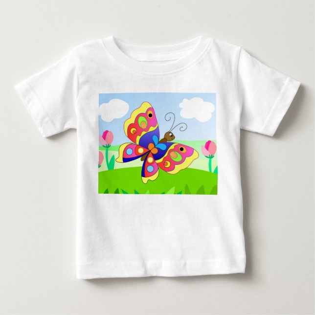 bright cartoon butterfly on a field among flowers baby T-Shirt (Front)