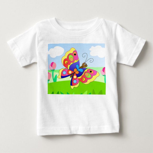 bright cartoon butterfly on a field among flowers baby T-Shirt (Front)