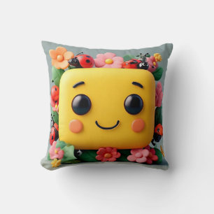 Bright Cartoon Illustration with Ladybugs, Flowers Throw Pillow