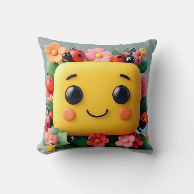 Bright Cartoon Illustration with Ladybugs, Flowers Throw Pillow (Front)