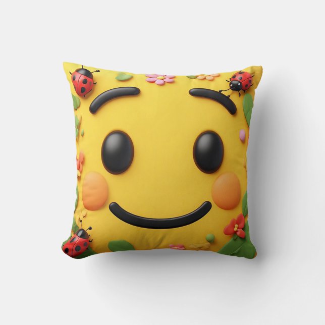 Bright Cartoon Illustration with Ladybugs, Flowers Throw Pillow (Front)