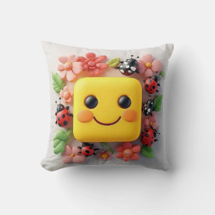 Bright Cartoon Illustration with Ladybugs, Flowers Throw Pillow