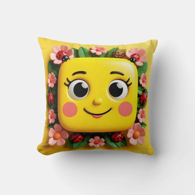 Bright Cartoon Illustration with Ladybugs, Flowers Throw Pillow (Front)