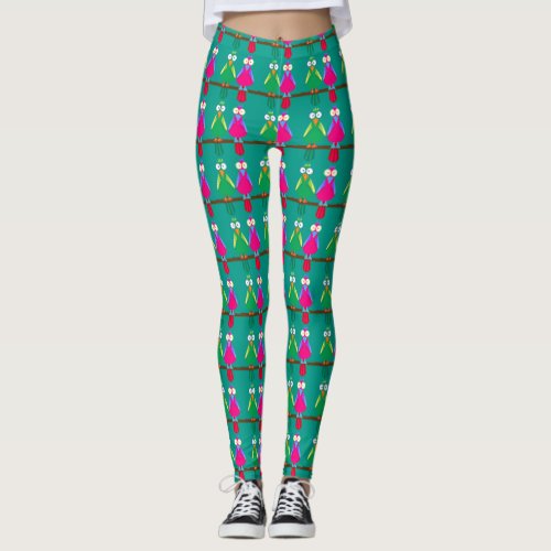 Bright cartoon parrots with big eyes leggings