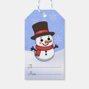 Bright Cartoon Snowman in Top Hat and Red Scarf Gift Tags