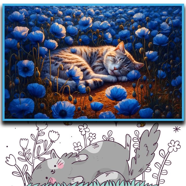 Bright cat blue wildflowers nature art summer framed art (Creator Uploaded)