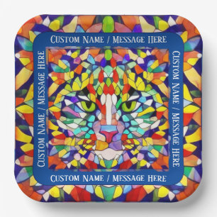 Bright Cat's Face in Rainbow Colors - Custom Name Paper Plates