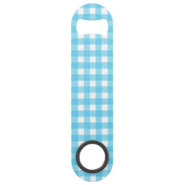 Bright cerulean blue gingham bar key (Front)
