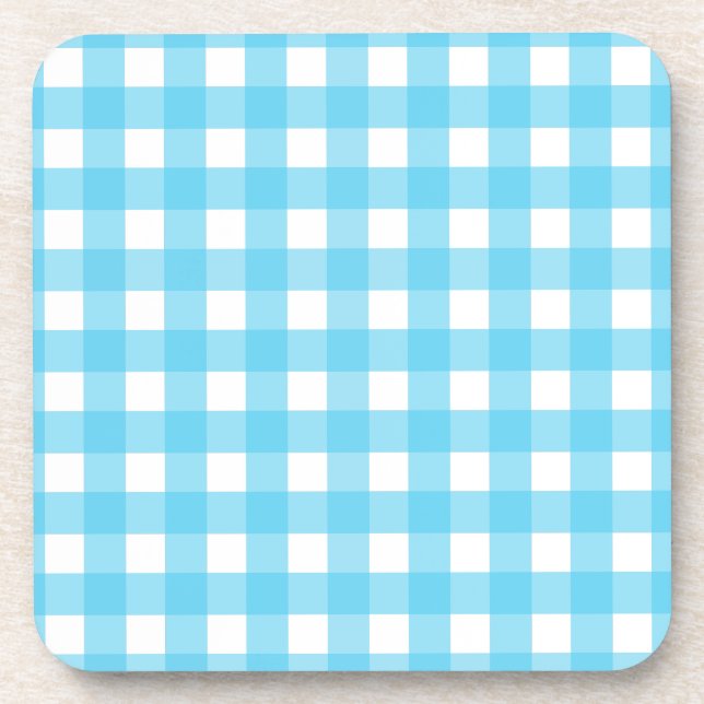 Bright cerulean blue gingham beverage coaster (Front)