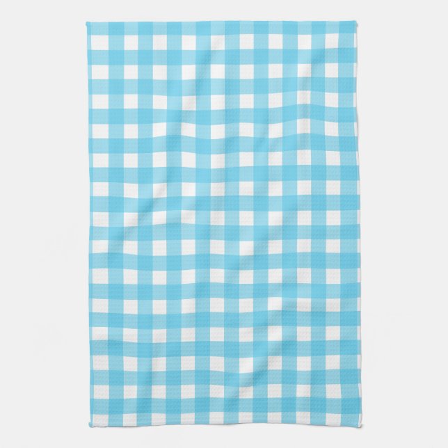 Bright cerulean blue gingham kitchen towel (Vertical)