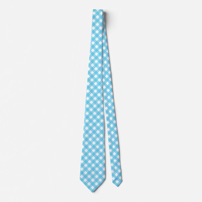 Bright cerulean blue gingham neck tie (Front)