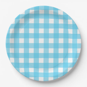 Bright cerulean blue gingham paper plates