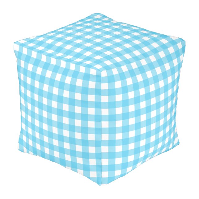 Bright cerulean blue gingham pouf (Angled Front)