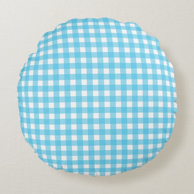 Bright cerulean blue gingham round pillow (Front)