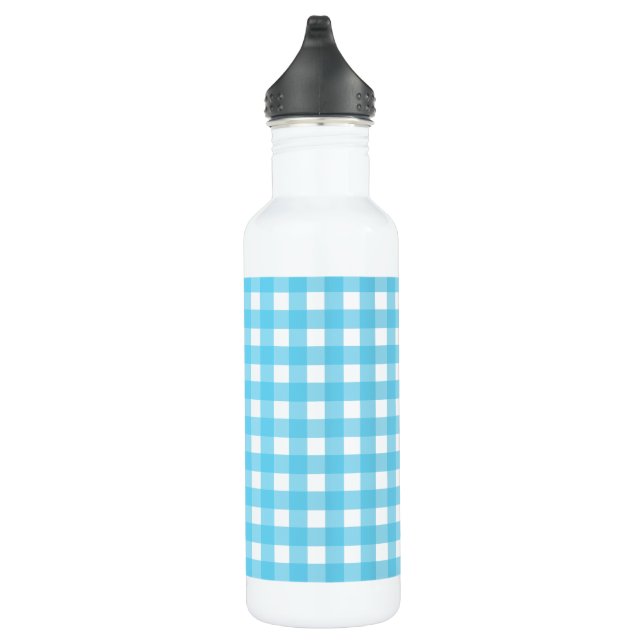 Bright cerulean blue gingham stainless steel water bottle (Right)