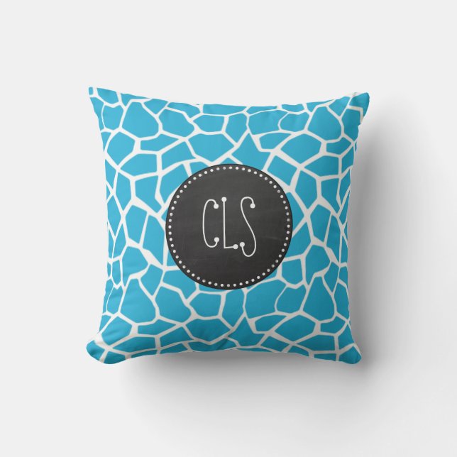 Bright Cerulean Giraffe Animal Print; Chalkboard Throw Pillow (Front)