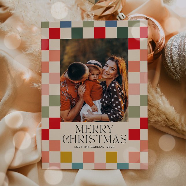 Bright Checkered Frame Christmas Photo  Holiday Card (Creator Uploaded)