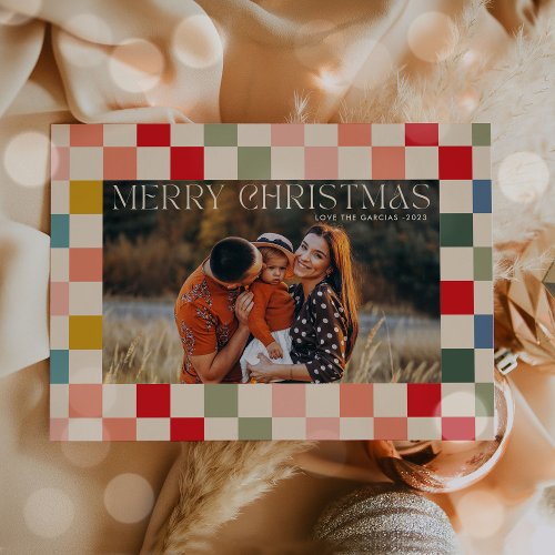 Bright Checkered Frame Christmas Photo  Holiday Card