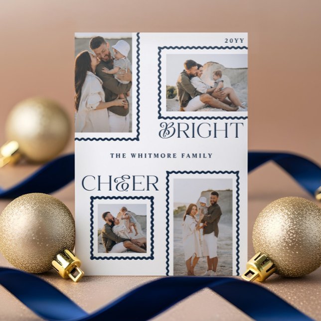 Bright Cheer Minimal Wavy Photo Collage Christmas Letterpress Photo Cards (Bright Cheer Minimal Wavy Photo Collage Christmas Letterpress Photo Cards)