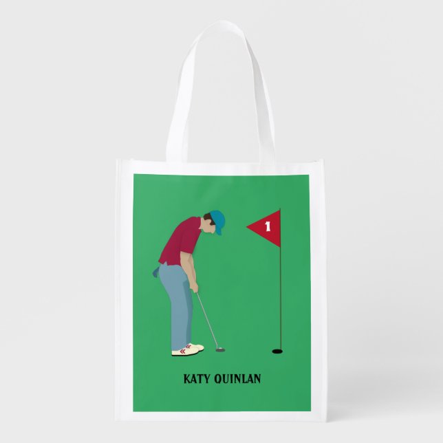 Bright, Cheerful Green Golfing Themed Grocery Bag (Front)