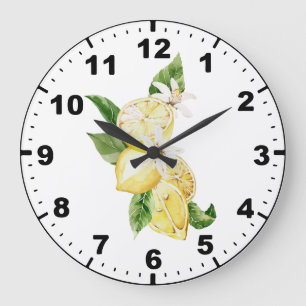 Bright Cheerful Watercolor Lemons and Greenery Large Clock