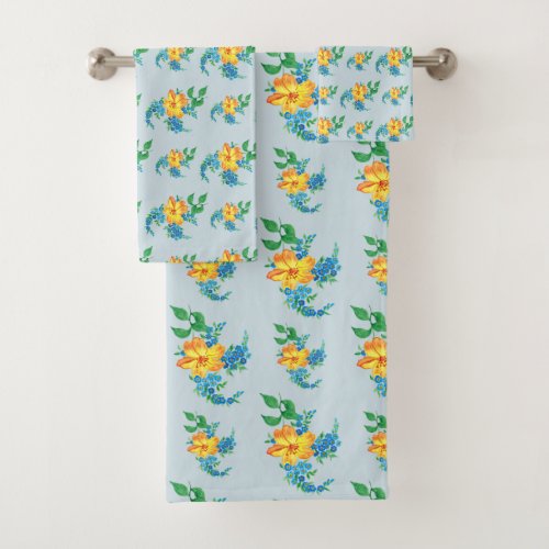 Bright Cheery Blue Yellow Floral Pattern  Bath Towel Set