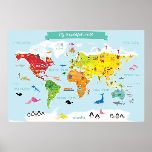 Bright Children World Map with Illustrations Poster | Zazzle