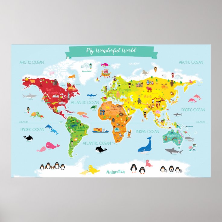 Bright Children World Map with Illustrations Poster | Zazzle