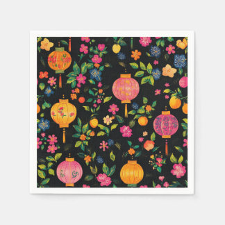 Bright Chinese Lanterns on Black Napkins