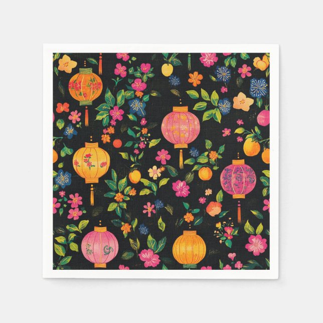 Bright Chinese Lanterns on Black Napkins (Front)