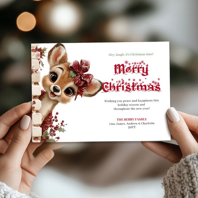 Bright Christmas baby deer peeking cheerful card (Bright Christmas baby deer peeking cheerful card)