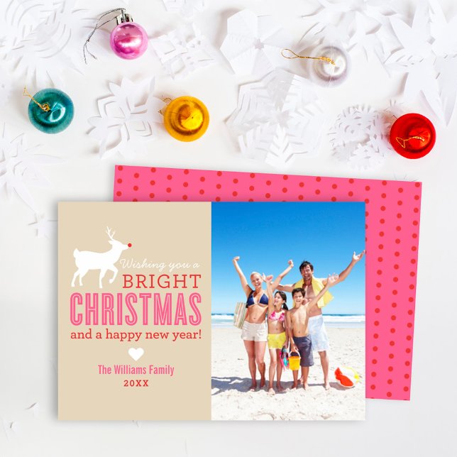 Bright Christmas Beige Pink Reindeer Photo Holiday Card (Creator Uploaded)