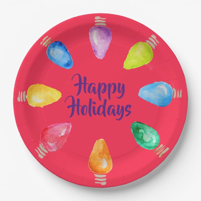 Bright Christmas Bulbs Happy Holidays Paper Plates (Front)