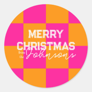 Bright Christmas Check Hot Pink Orange Classic Round Sticker