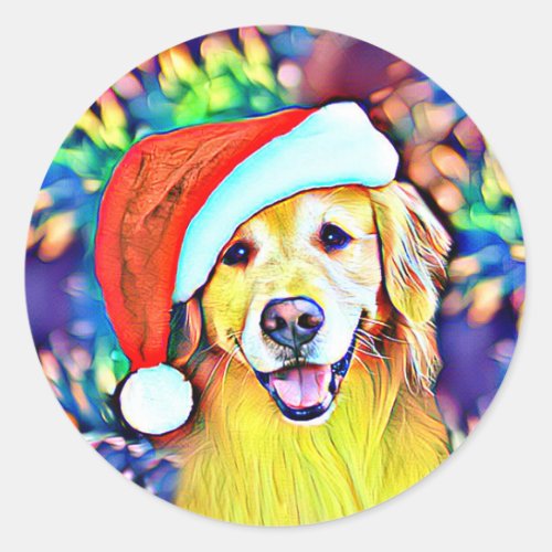 Bright Christmas Golden Retriever Art Classic Round Sticker