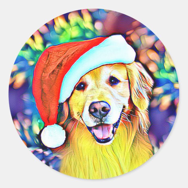 Bright Christmas Golden Retriever Art Classic Round Sticker | Zazzle