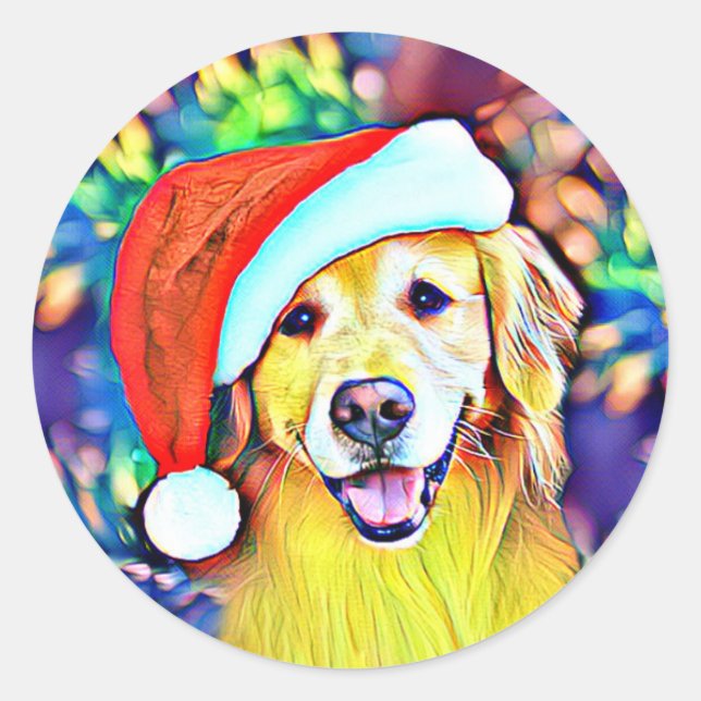 Bright Christmas Golden Retriever Art Classic Round Sticker (Front)