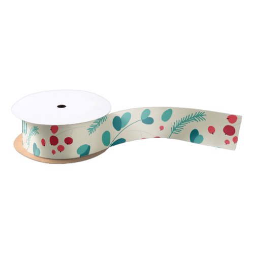 Bright Christmas Mistletoe and Leaf Pattern Satin Ribbon