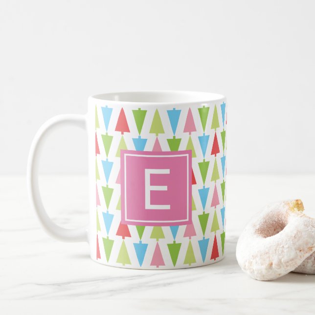 Bright Christmas Tree Pattern Girly Pink Monogram Coffee Mug (With Donut)