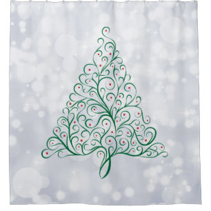 Bright Christmas Tree Scroll in Red and Green Shower Curtain